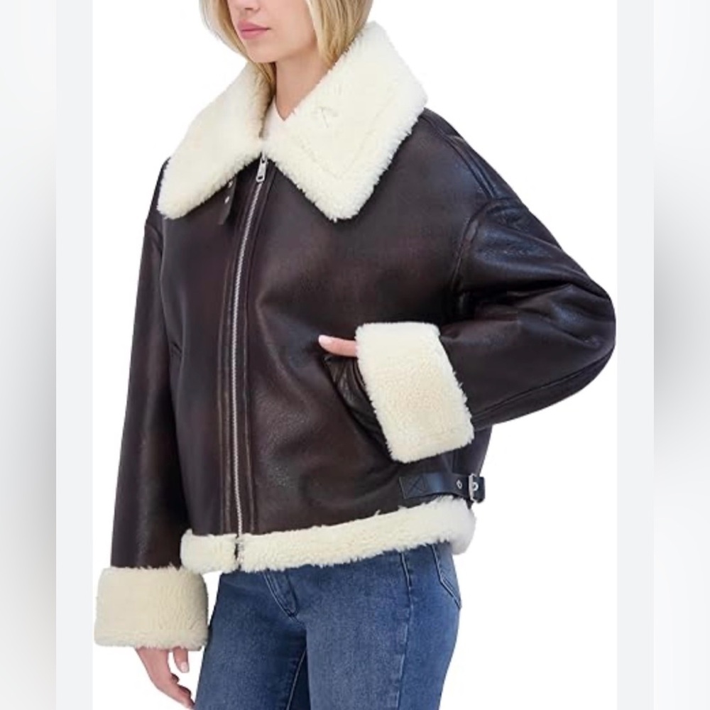 Laundry By Shelli Segal Brown Bomber Jacket with Cream Lining - Picture 10 of 10